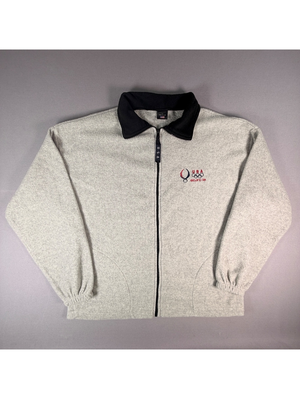 2008 Beijing USA Olympics Fleece Jacket Mens L Black 1/4 Zip Rings Pullover